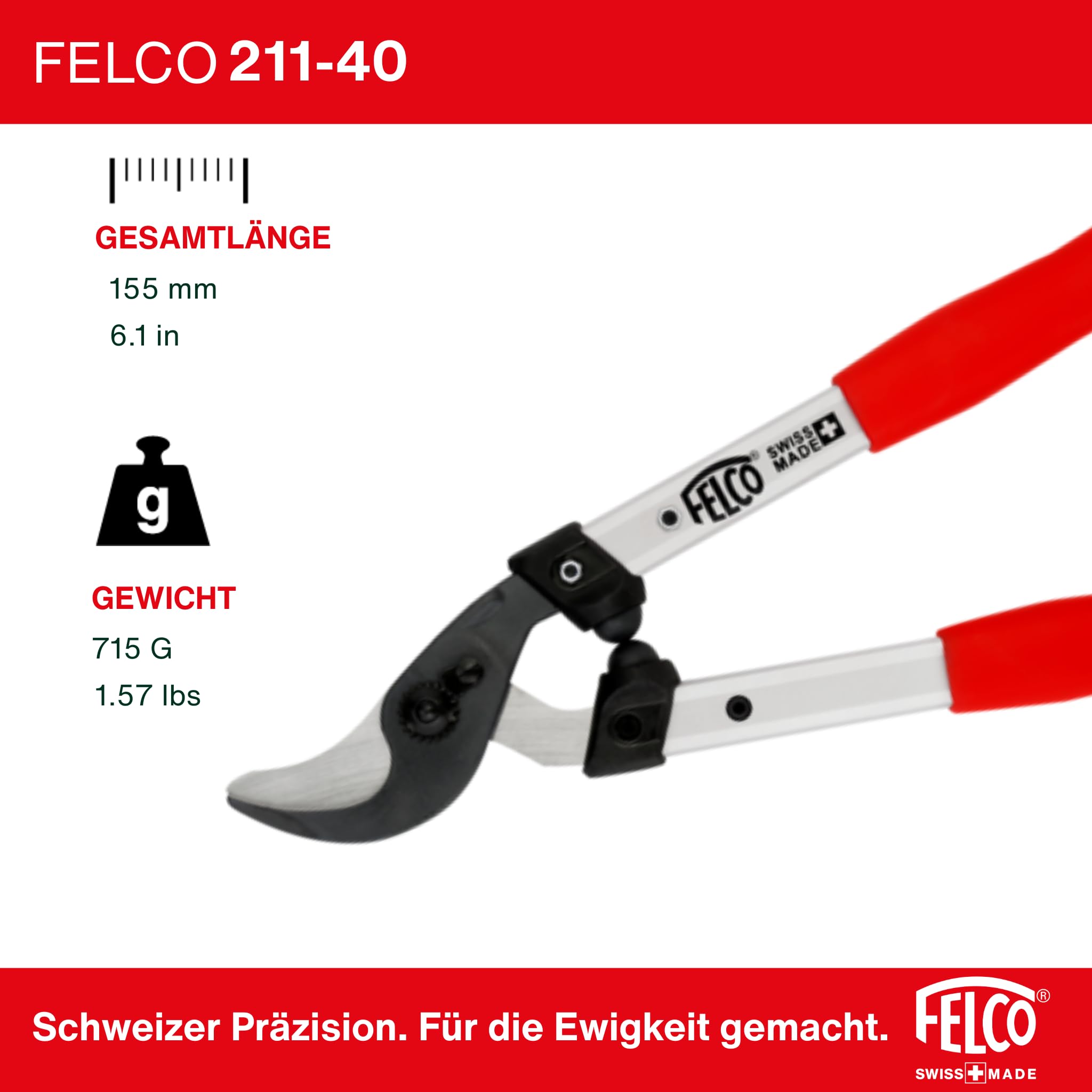 FELCO 211-40 Bypass-Astschere 400 mm, professionelle Gartenschere, Schnittdurchmesser 35 mm, Aluminiumgriffe