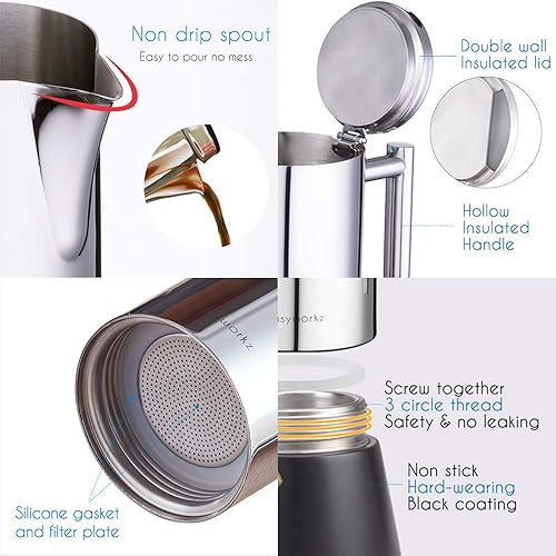 Miniatura 4 de Easyworkz Diego - Cafetera de café expreso de acero inoxidable de 12 tazas de 17.5 onzas, cuchara de café retro de acero inoxidable con mango de