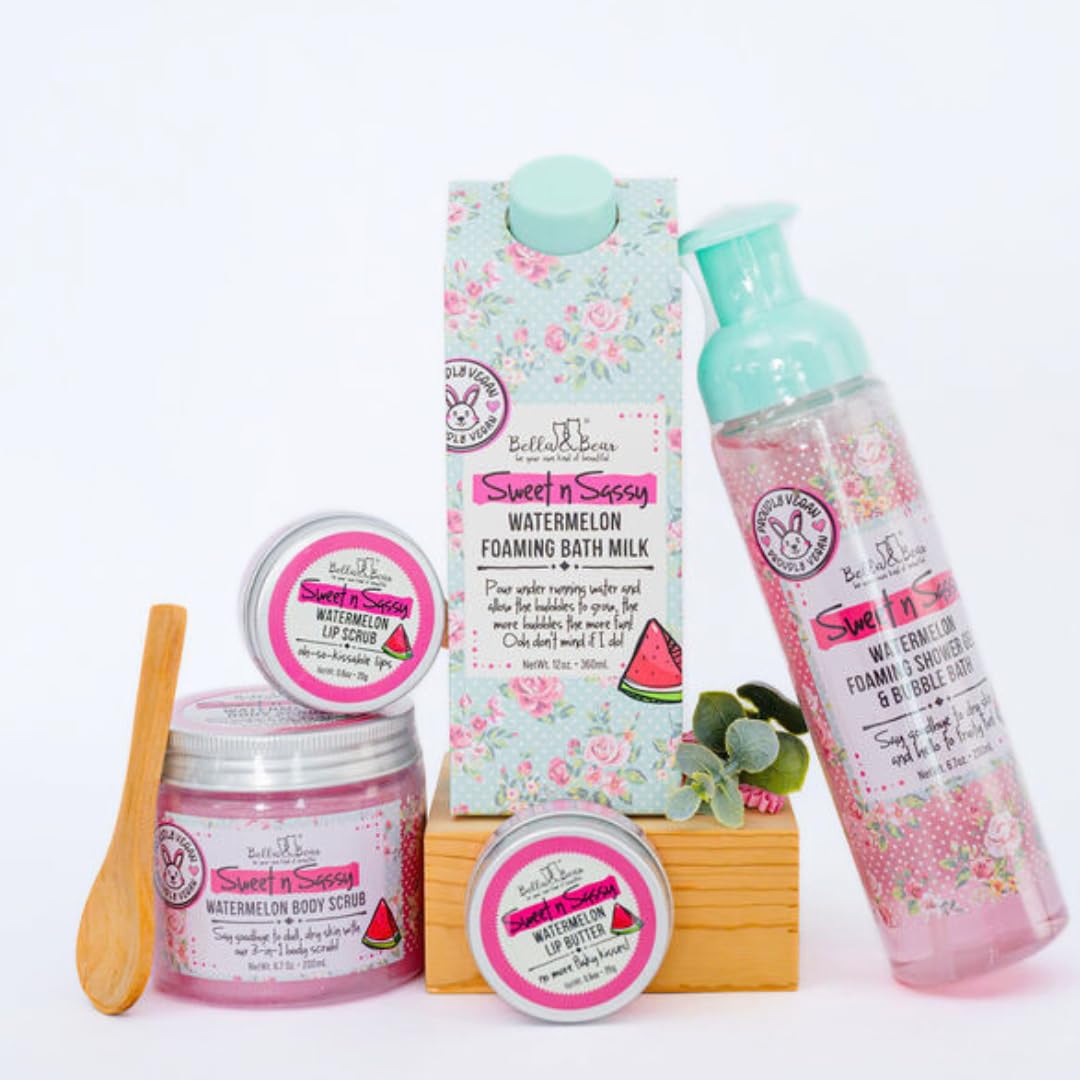 Bella & Bear Sweet 'n' Sassy Watermelon Mega Bath & Body Gift Set with Foaming Shower Gel & Bubble Bath, Bath Milk, Body Scrub & Lip Scrub and Lip