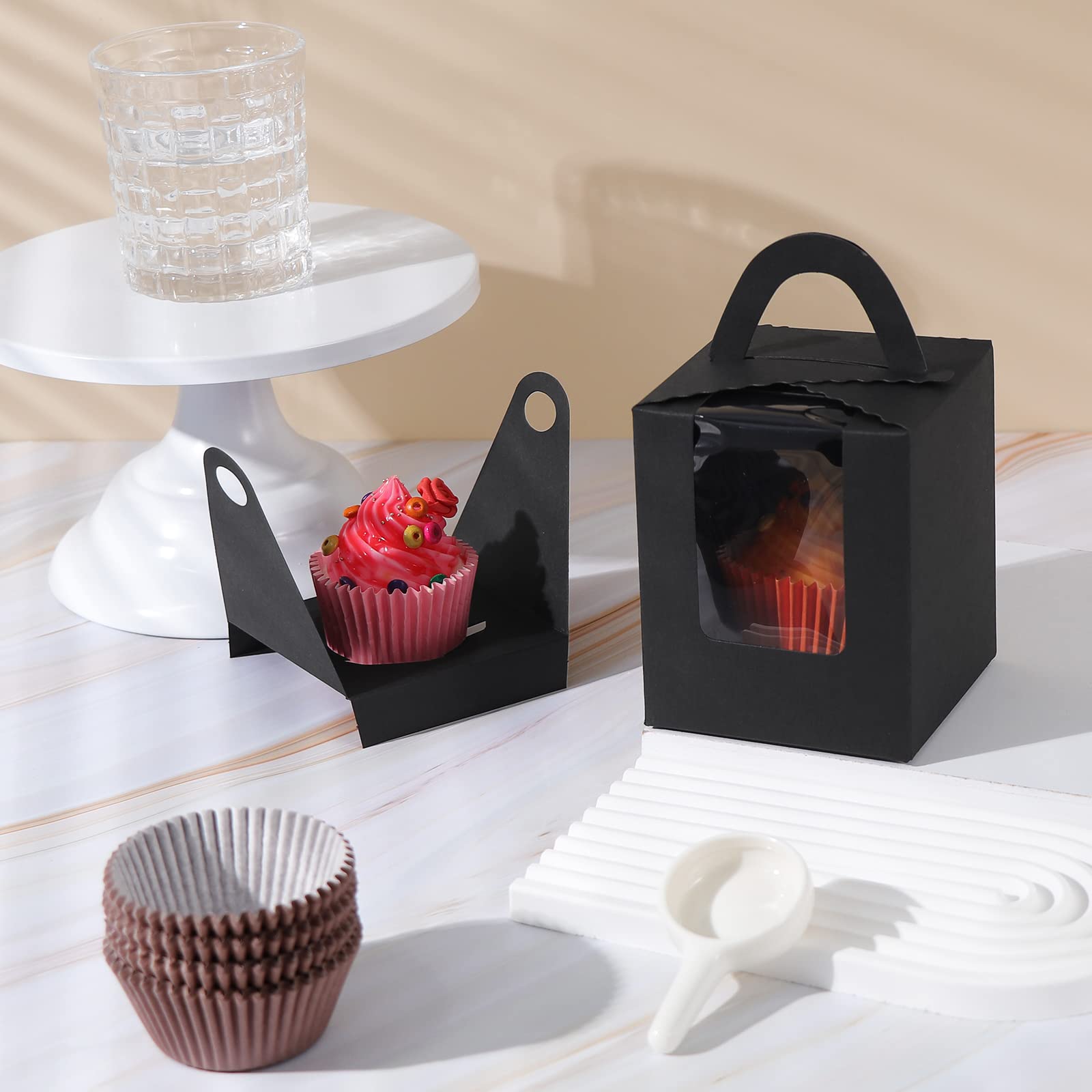 Coolty 50 Pezzi Scatole Singole per Cupcake Scatole per Muffin Scatola Cupcake con 100 Pezzi Custodie per Cupcake Scatola per Dessert Muffin Pasticcini Macarons Torte Regali (Black)