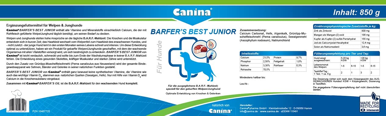 Canina Pharma Barfer's Best Junior, 850 g & Canina Barfer's Best, Nahrungsergänzung für Hunde, 1er Pack (1 x 2 kg)