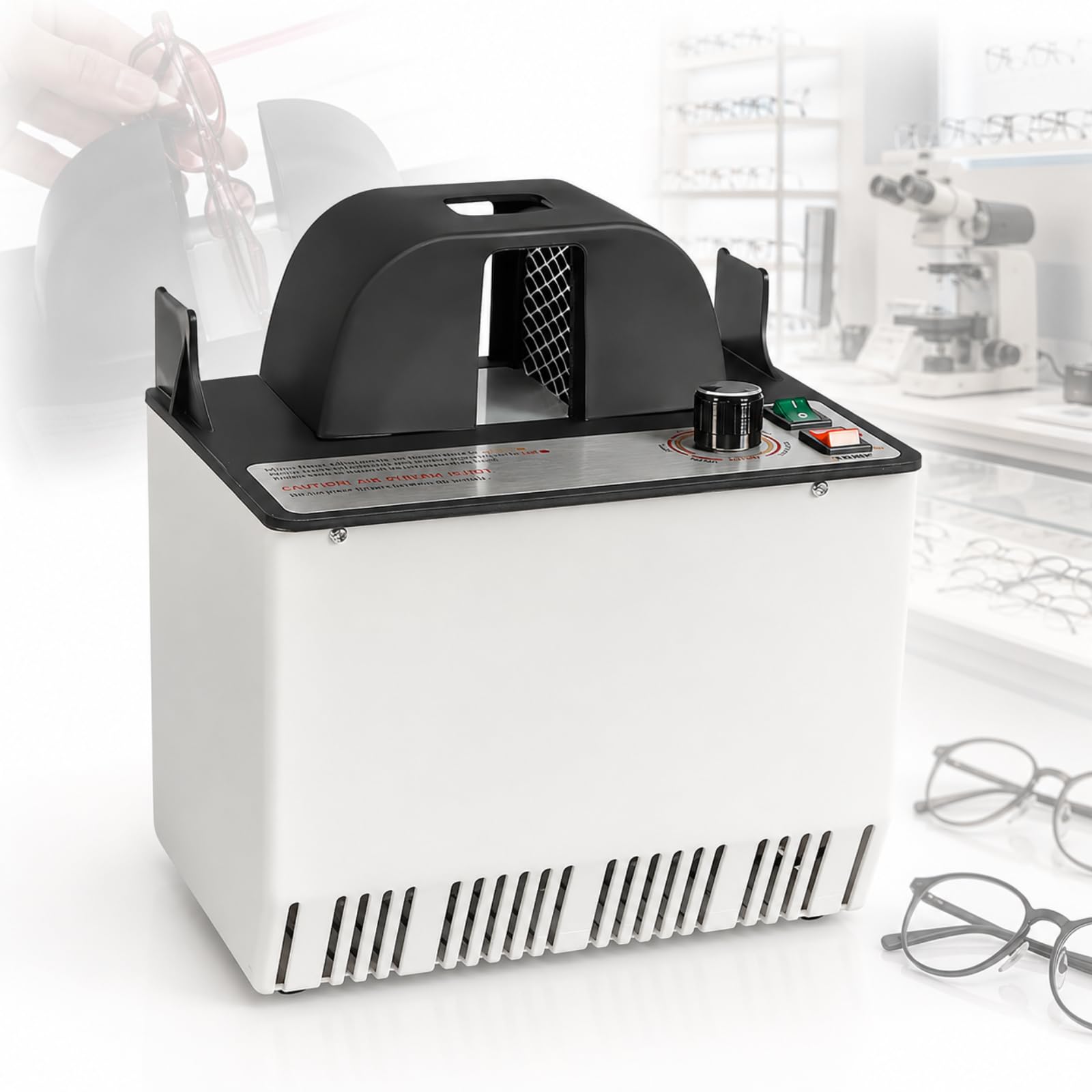 AMQYDT Eyeglasses Frame Warmer, 500w Optical Eyeglasses Frame Warmer, Dual Temperature Modes, 60-140°c Control, Windproof Cover And 25db Low Noise For Opticians Repair Shops