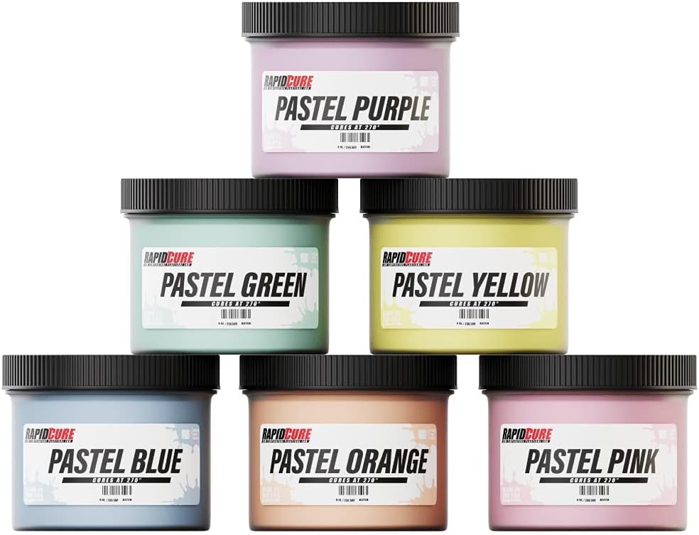 Screen Printing Ink Set - Rapid Cure® 6 Color Plastisol Ink for Screen Printing Fabric - Low Temperature Curing 8 oz. Plastisol Ink by Screen Print Direct® - Inks for Silk Screens and Mesh