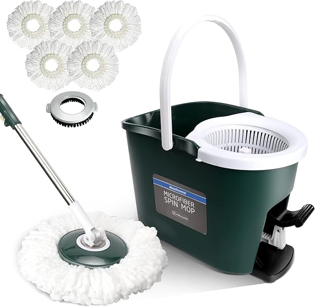 Masthome Mop and Buckets Sets, Spin Mop and Bucket with Foot Pedal & 5 Microfibre Mop Pads, Floor Mops for Cleaning Hardwood Laminate Tile Floors, Send Floor Scrub Brush