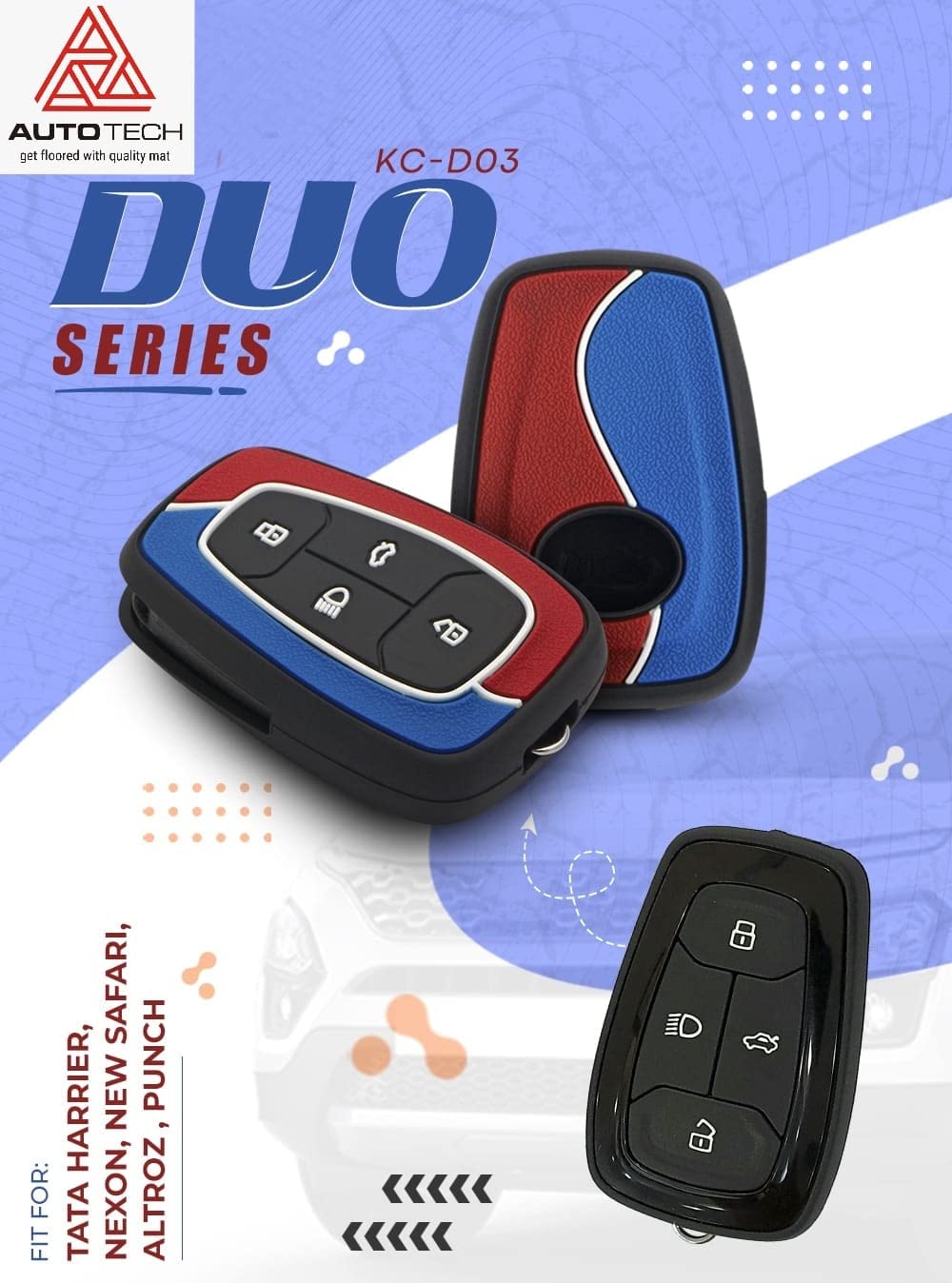 BLUZON Duo Series Style Key Cover for Tata Harrier, Nexon, New Safari, Altroz, Punch Smart Keys (Red/Blue)