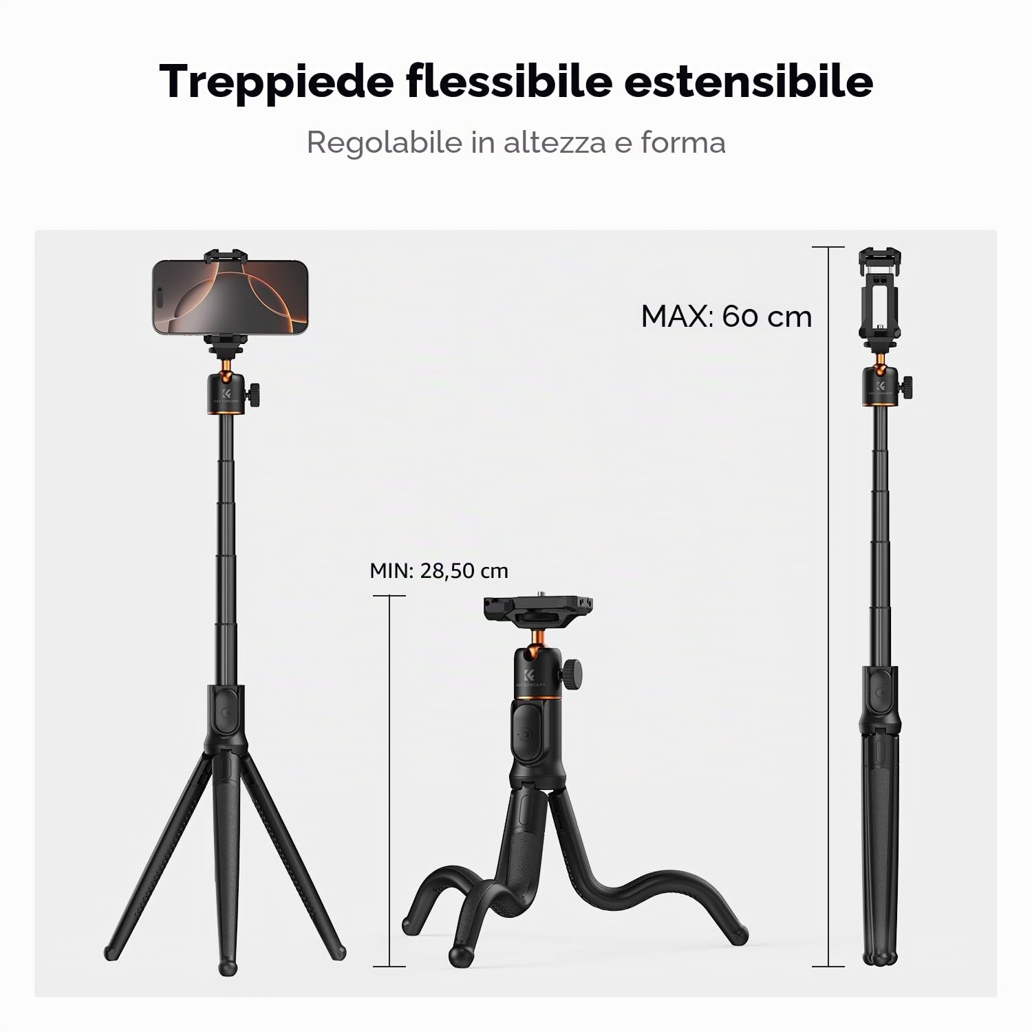 K&F Concept Treppiede Smartphone MS29, Mini Tripod Estensibile con Telecomando Amovibile e Testa a sfera 360°, Treppiedi Octopus con Adattatore per Camera Sportiva, Ideale per iPhone/DSLR/Vlog/Selfie