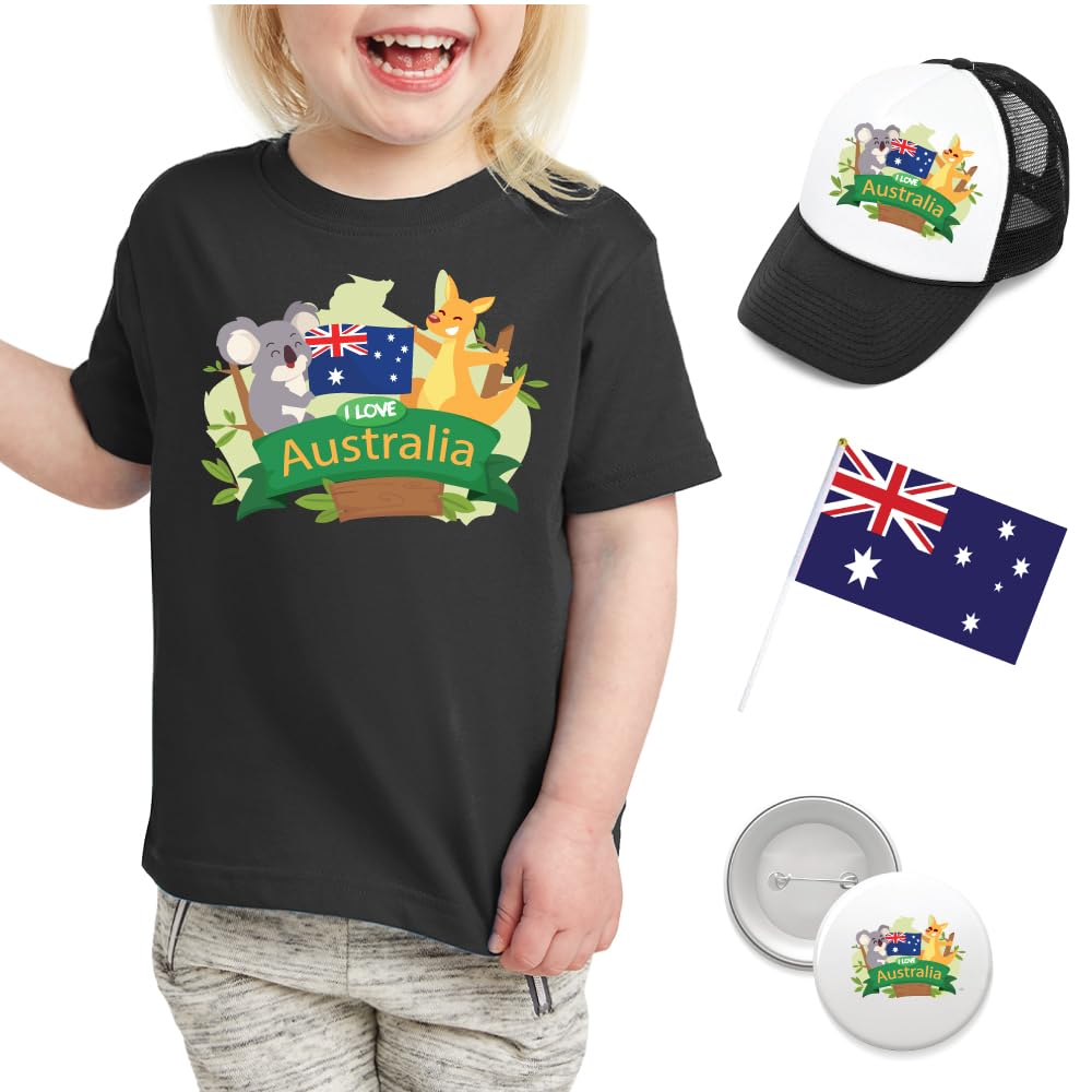 GenericKids Girls Australia Day Celebration Combo Pack - T-Shirt - Cap - Badge and Flag Set - Perfect Way to Celebrate in Style