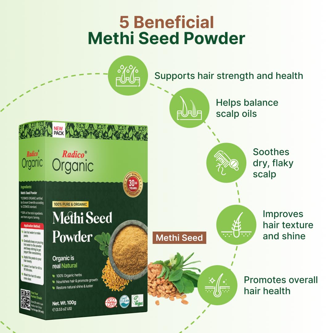 Radico ORGANIC METHI 100% naturalny BIO Organic wegański wzrost włosów, przeciw wypadaniu włosów, przeciw starzeniu, pielęgnacja, objętość, odżywcza maska do włosów i szampon 2 w 1 z ECOCERT, HAL