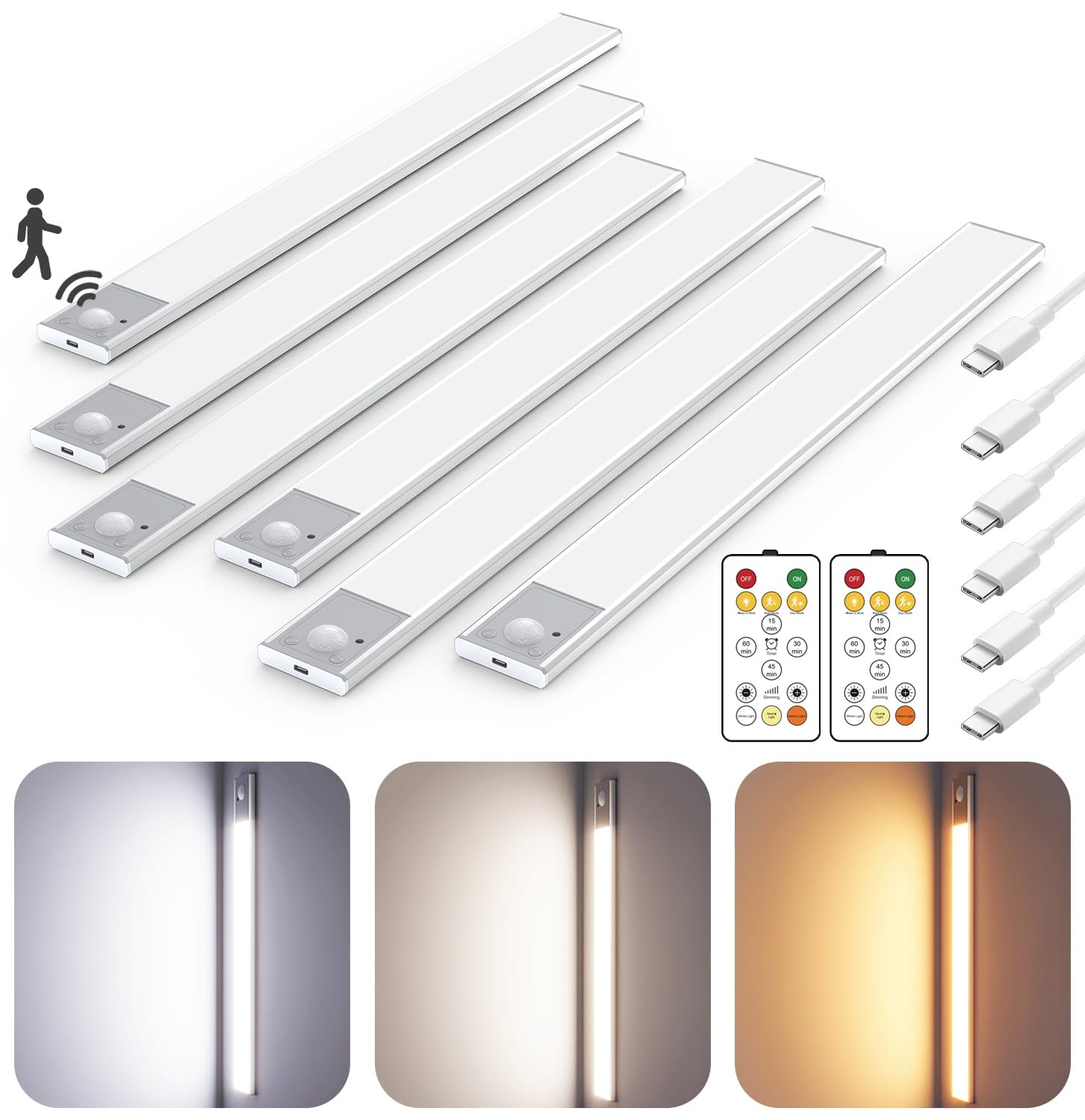 80 LED Unterschrankbeleuchtung, kabellos, 40,6 cm Bewegungsmelder, wiederaufladbar, Unterschrankleuchten, magnetische Schrankleuchten, batteriebetrieben, Unterbauleuchten für Küche (6 Stück, Silber)