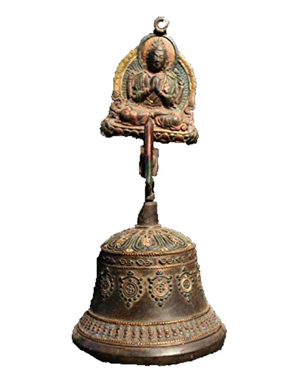 Antiguo Budismo del Tíbet Bronce 4 Manos Chenrezig Estatua de Buda Campana Colgante de Pared