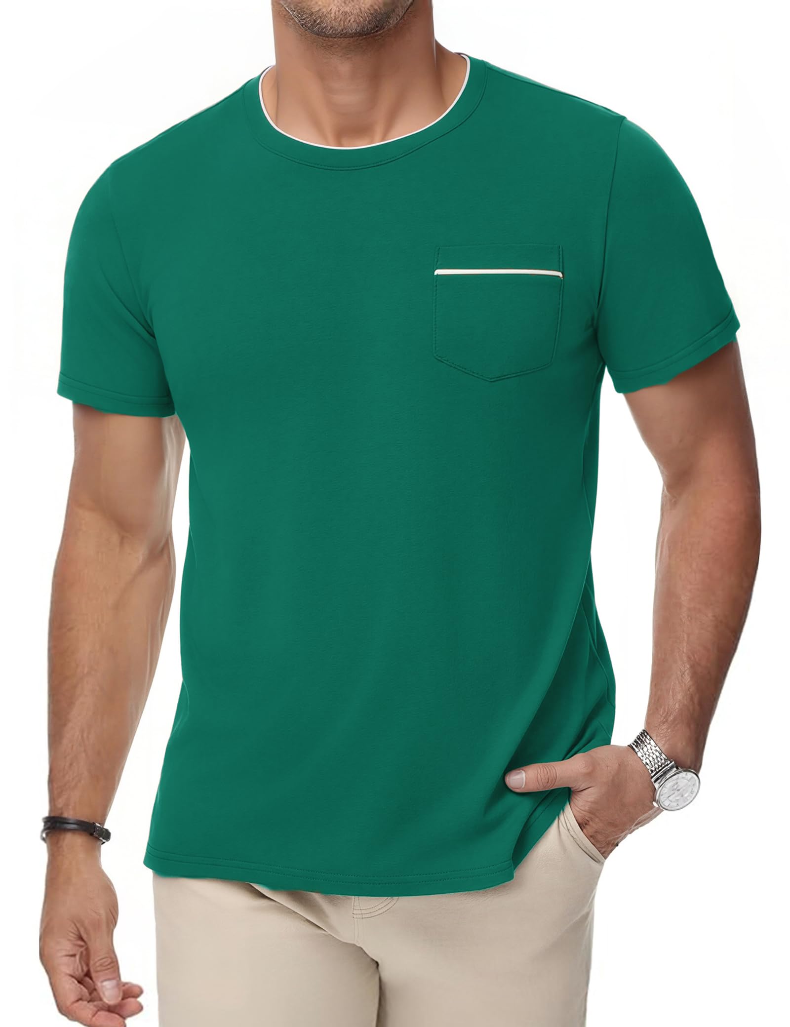 iClosam T Shirt Herren Baumwolle Kurzarm Rundhals T-Shirts für Herren mit Brusttasche Freizeit Sommer Top Color-Blocking Ärmeln S-3XL
