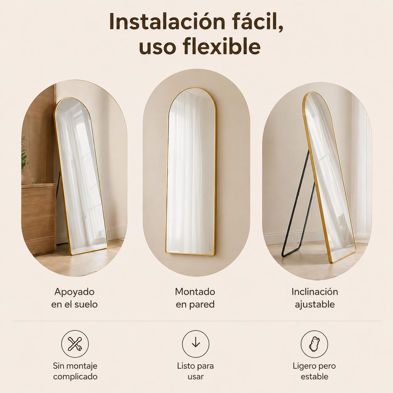 Espejo de Arco de 57x165cm | Espejo de Piel Completa con Parte Superior Curvada | para Montar en Pared o Apoyar en el Suelo | Inclinación Ajustable para Sala de Estar, Vestidor y Dormitorio