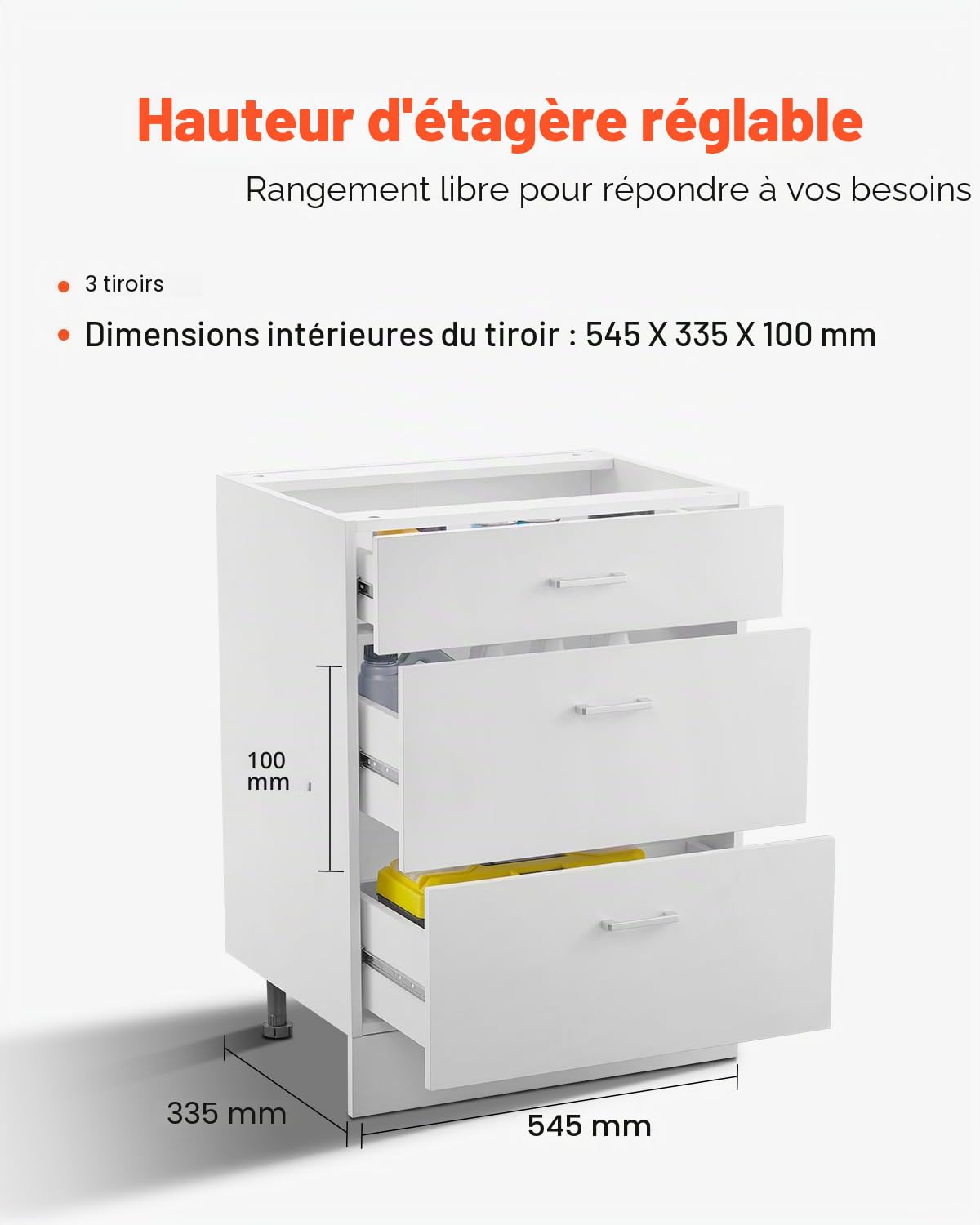 VEVOR Meuble Bas Cuisine avec 3 Tiroirs, Placard de Cuisine Non Assemblée, Armoire de Base Prête à Assembler 60x47,5x81,6 cm, avec Glissières de Tiroir à Fermeture Douce, pour Bureau Domicile, Blanc