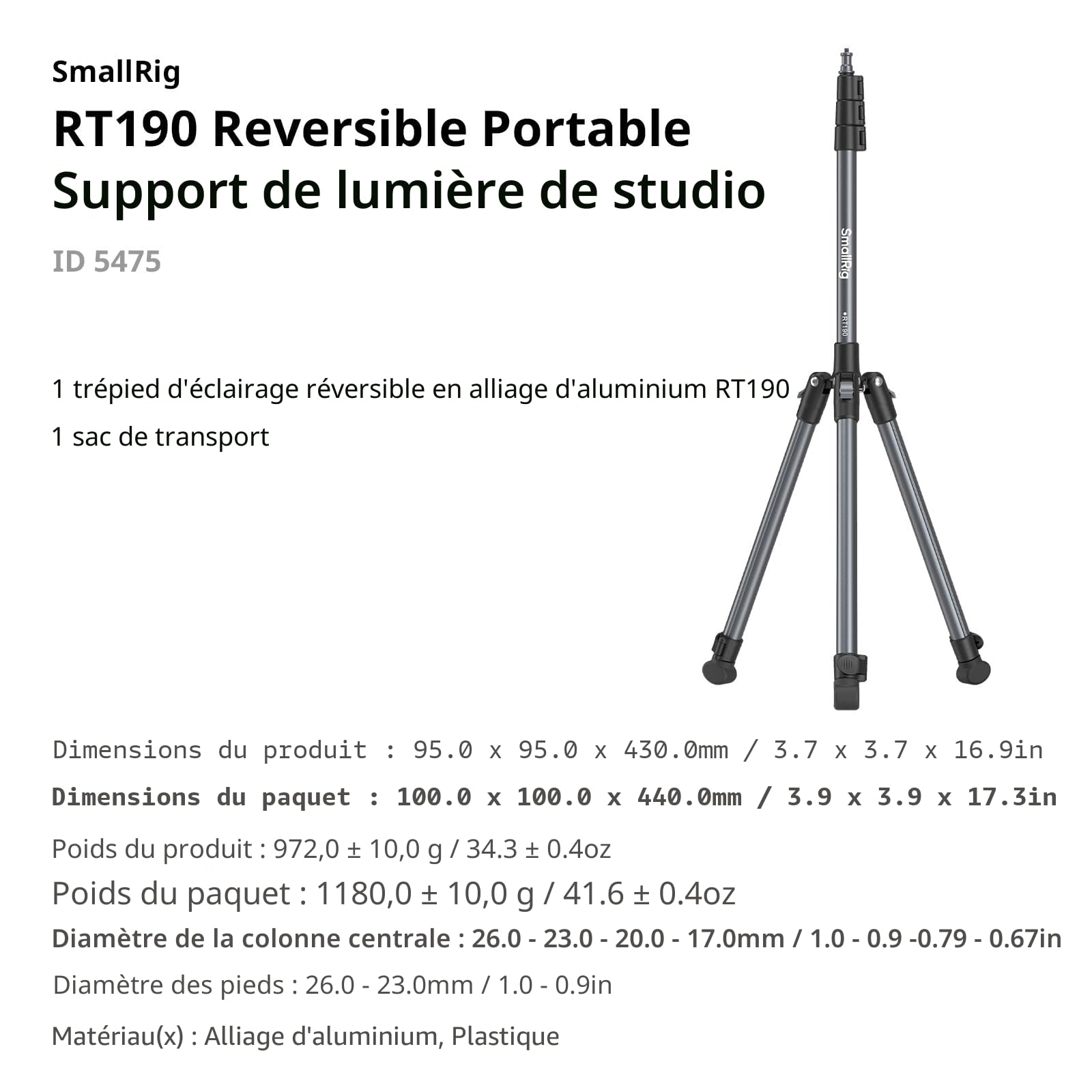 SMALLRIG 190 cm Trépied Lumière, Charge Max 4 kg, pour Lampes Torches, Anneaux Lumineux, Eclairages Vidéo LED, Eclairage COB, Trépied Pliable et Réglable, Dimensions plié 43 cm - 5475
