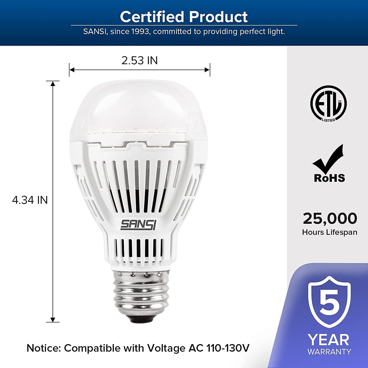 SANSI 100W Equivalent A19 LED Light Bulbs, 22-Year Lifetime 4 Pack 1600 Lumens 3000K Soft White Light Bulb with Ceramic Technology, Non-Dimmable, Efficient and Safe 13W Energy Saving for Home Upgrades