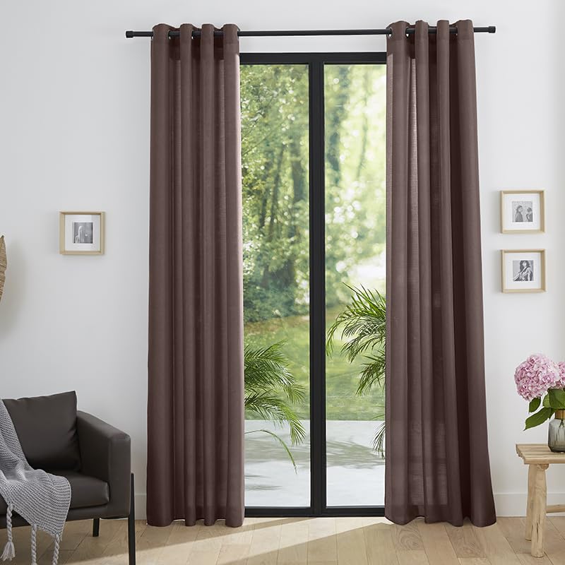 UNIVERSDECOR Paire de Doubles Rideaux tamisant à œillets Effet Lin 140 x 260 cm Moonlight Deco (Choco)