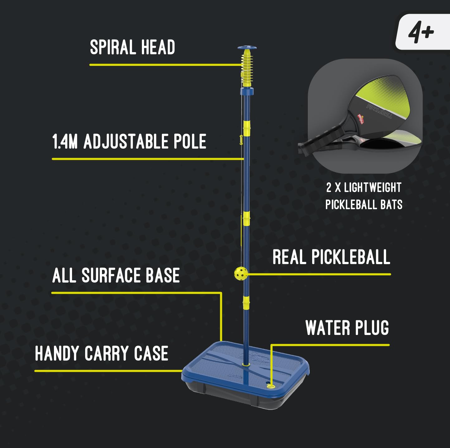 Swingball Pickleball All Surface Unisexe, Noir/Jaune, Taille Unique