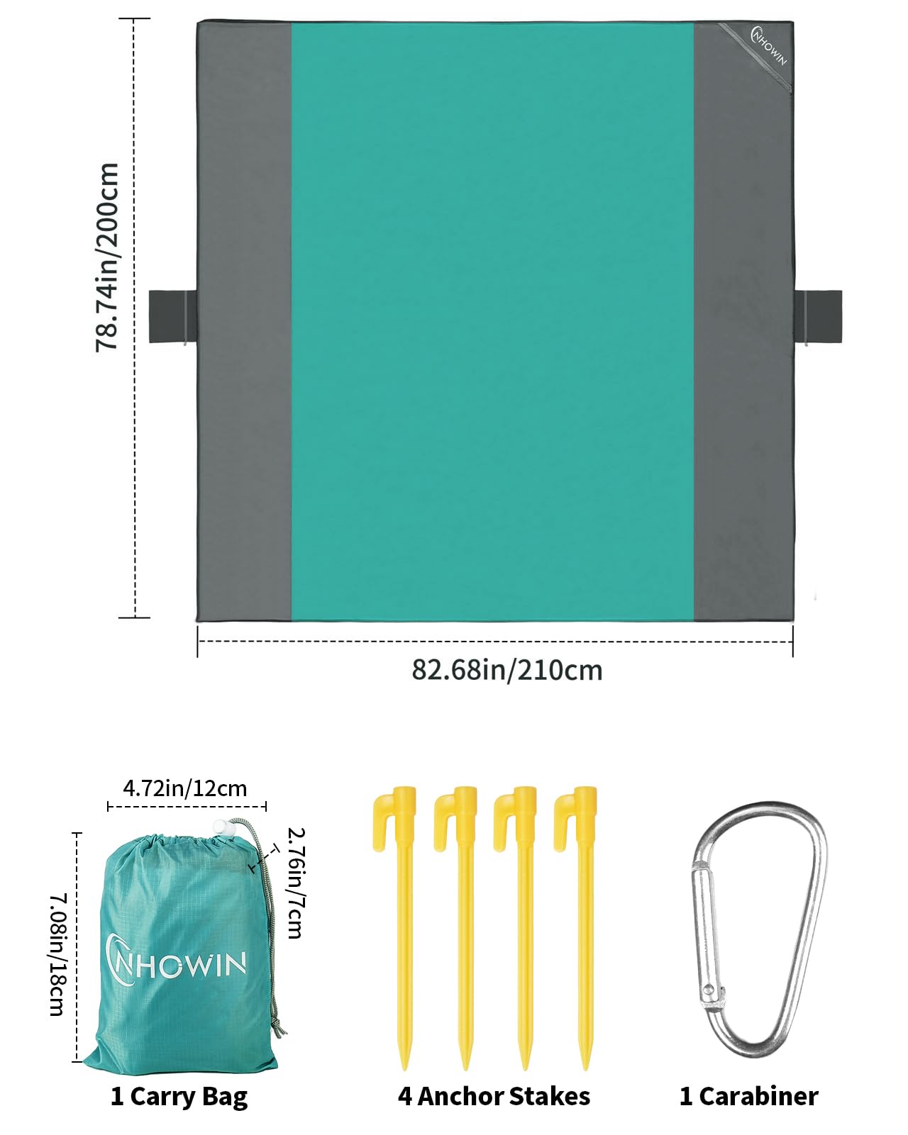 Stranddecke Sandfrei Wasserdicht, Super Groß 210cm x 200cm Strandmatte with 3 Reißverschlusstasche, Ultraleicht und Tragbar Picknickdecke 0.36kg für den Strand, Campen, Picknick, Ausflüge
