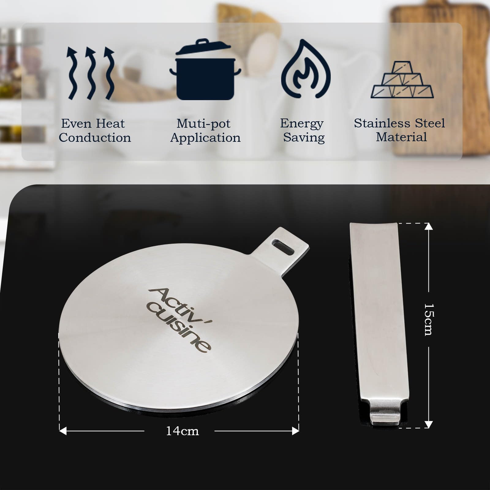 ACTIV CUISINE Adaptador de inducción disco placa 14 cm acero inoxidable difusor calor Moka cafeteras utensilios cocina