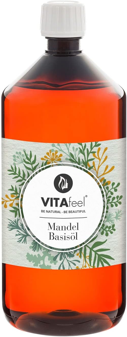 VitaFeel amandel basisolie, 1 verpakking (1 x 1000 ml) veganistisch, gentechniekvrij, ideaal voor huid- en haarverzorging, voor aromatherapie en als basisolie voor massageoliën of natuurlijke cosmetica
