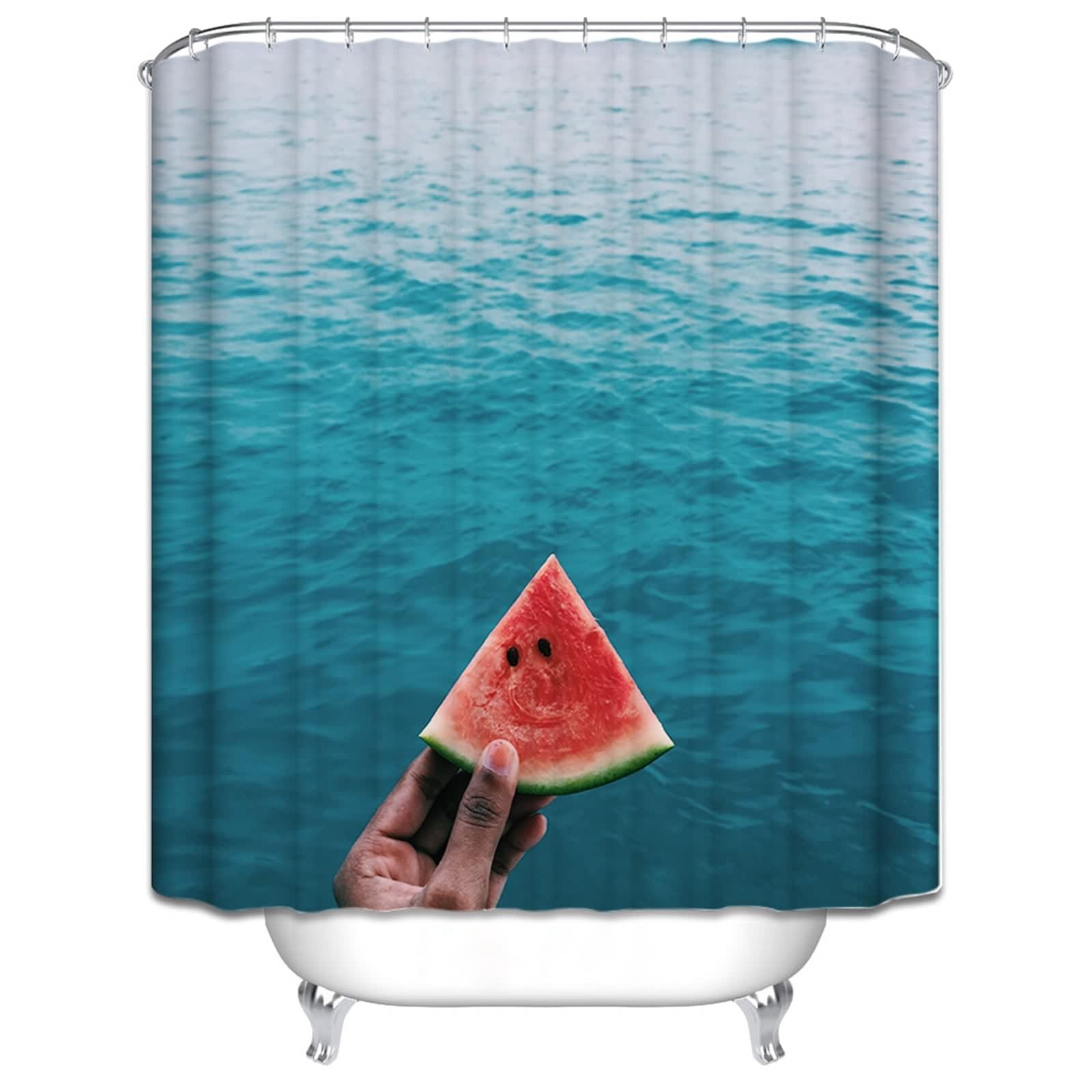 Rideau de douche bleu baignoire motif lac pour baie vitrée