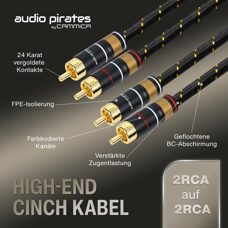 audio pirates by cammica kabel cinch, 2 x wtyczka RCA na 2 x wtyk RCA, kabel audio | High-End kabel audio ze złotymi stykami (3 metry)