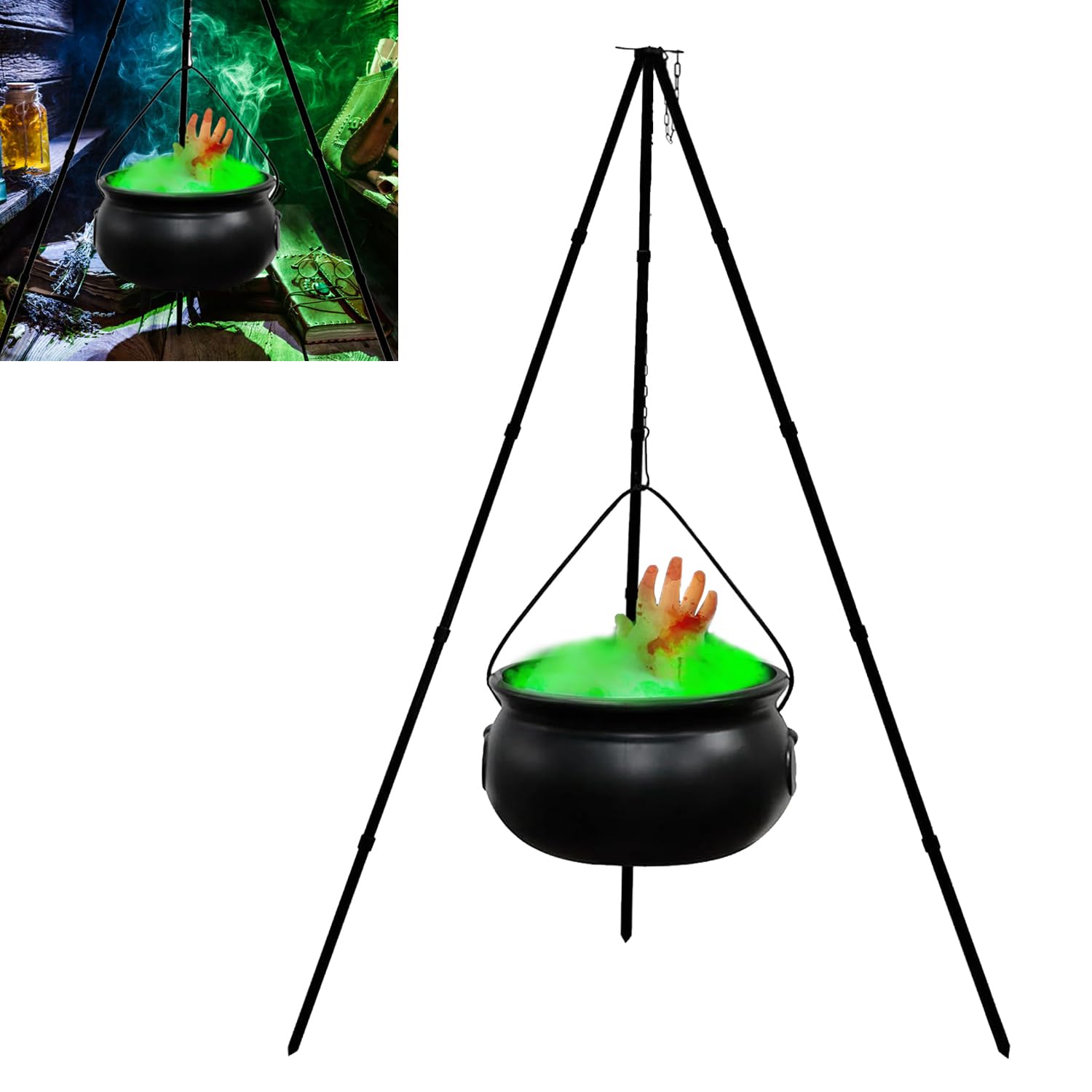Witches Cauldron, Halloween Decor Outdoor Large Witches Cauldron on Tripod with Lights, Black Plastic Bowl Decor Candy Bucket Halloween Witch Decorations for Home, Garden, Porch, Outside (B)