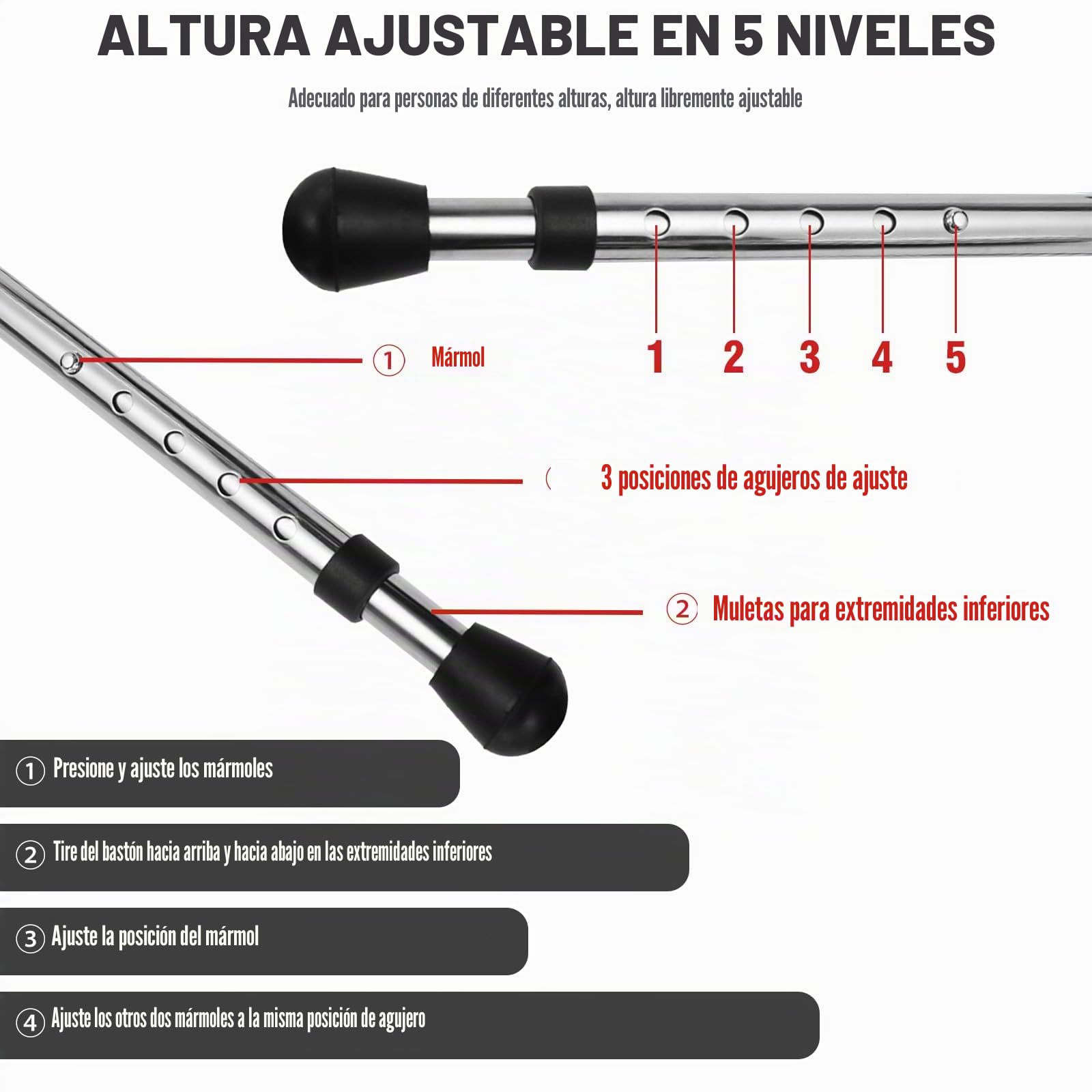 Bastón con asiento, capacidad de 120 kg, tabla de asiento grande en cinco posiciones de altura ajustable, caña y taburete de doble uso, bastón con asiento para adultos en reposo, personas mayores y