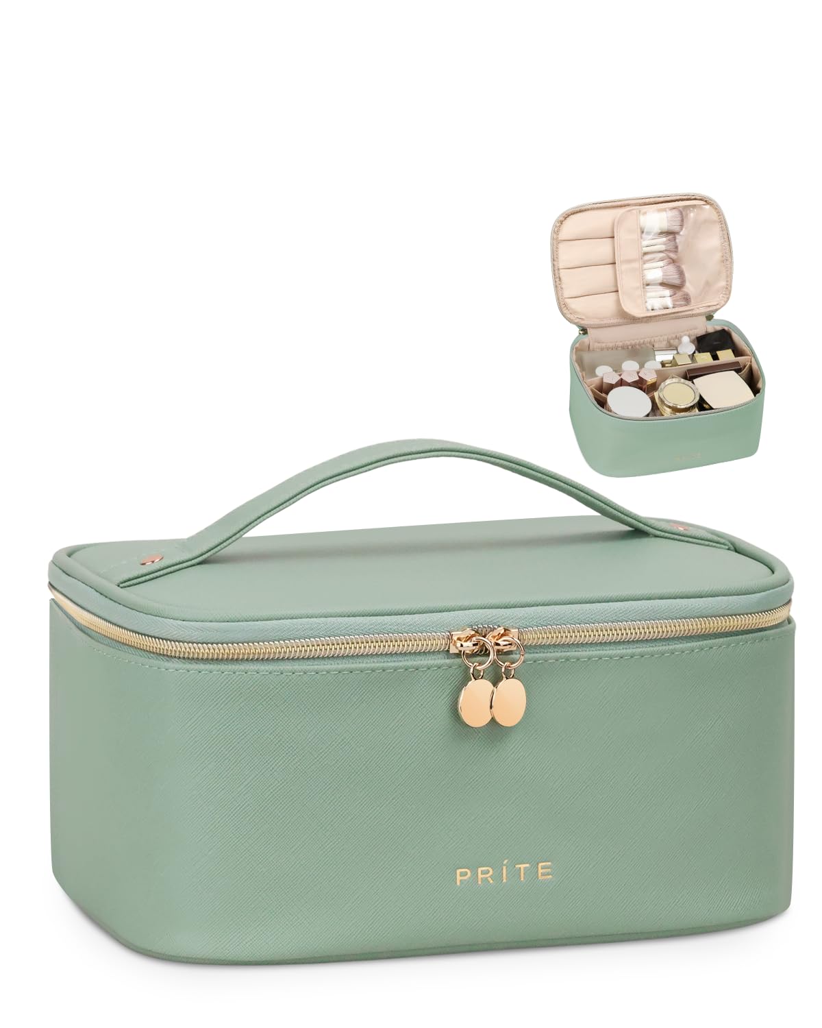 Prite Groß Kosmetiktasche für Damen Reise Kulturtasche aus Wasserdichtem Leder Tragbare Kulturbeutel oder Make Up Tasche mit Griff und Abnehmbarem Trenner (Grün)