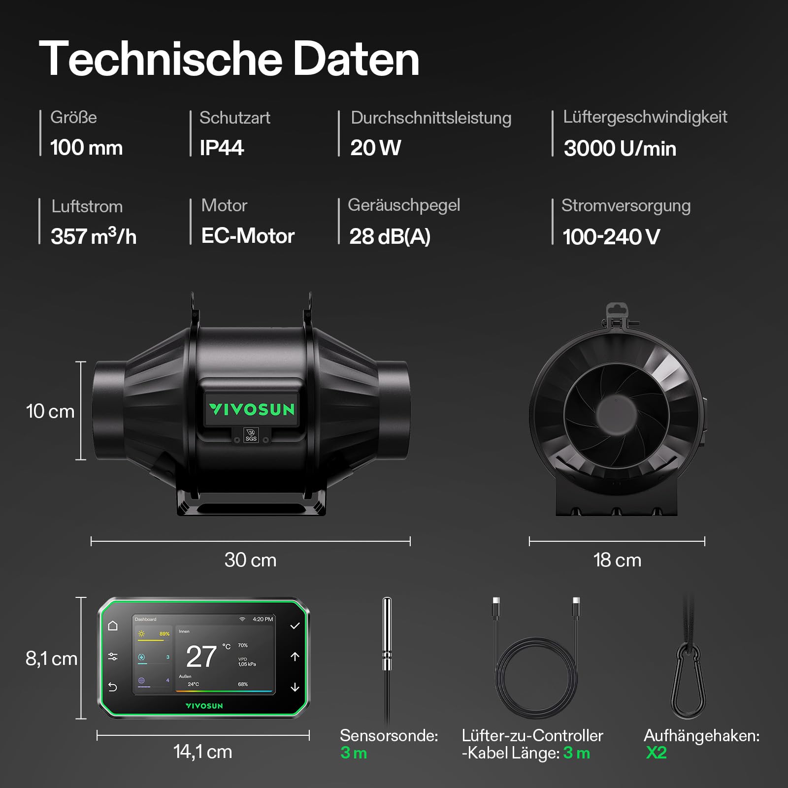 VIVOSUN Smart Rohrventilator 100mm AeroZesh T4 PRO Abluftventilator 357m³/h mit GrowHub E42A+, VPD-Regler, WiFi/App-Fernsteuerung, Ventilator Growbox Rohrlüfter für Growzelte Gewächshäuser