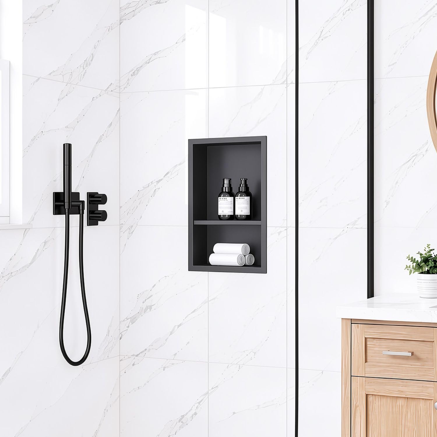 18 x 12 Inch Stainless Steel Shower Niche, No Tile Needed Wall Niche with Double Shelves, Recessed Wall Niche Insert for Bathroom Shower Kitchen Storage, Matte Black