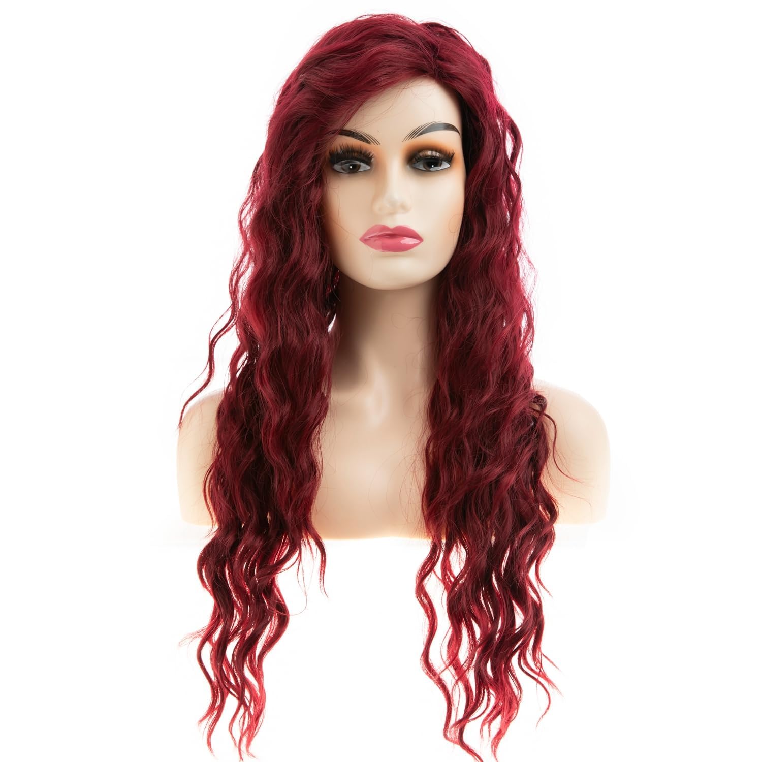 Beweig Long Curly Wavy Wine Red Wig for Women Side Part Burgundy Natural Looking Cosplay, 9 inches - Image 2