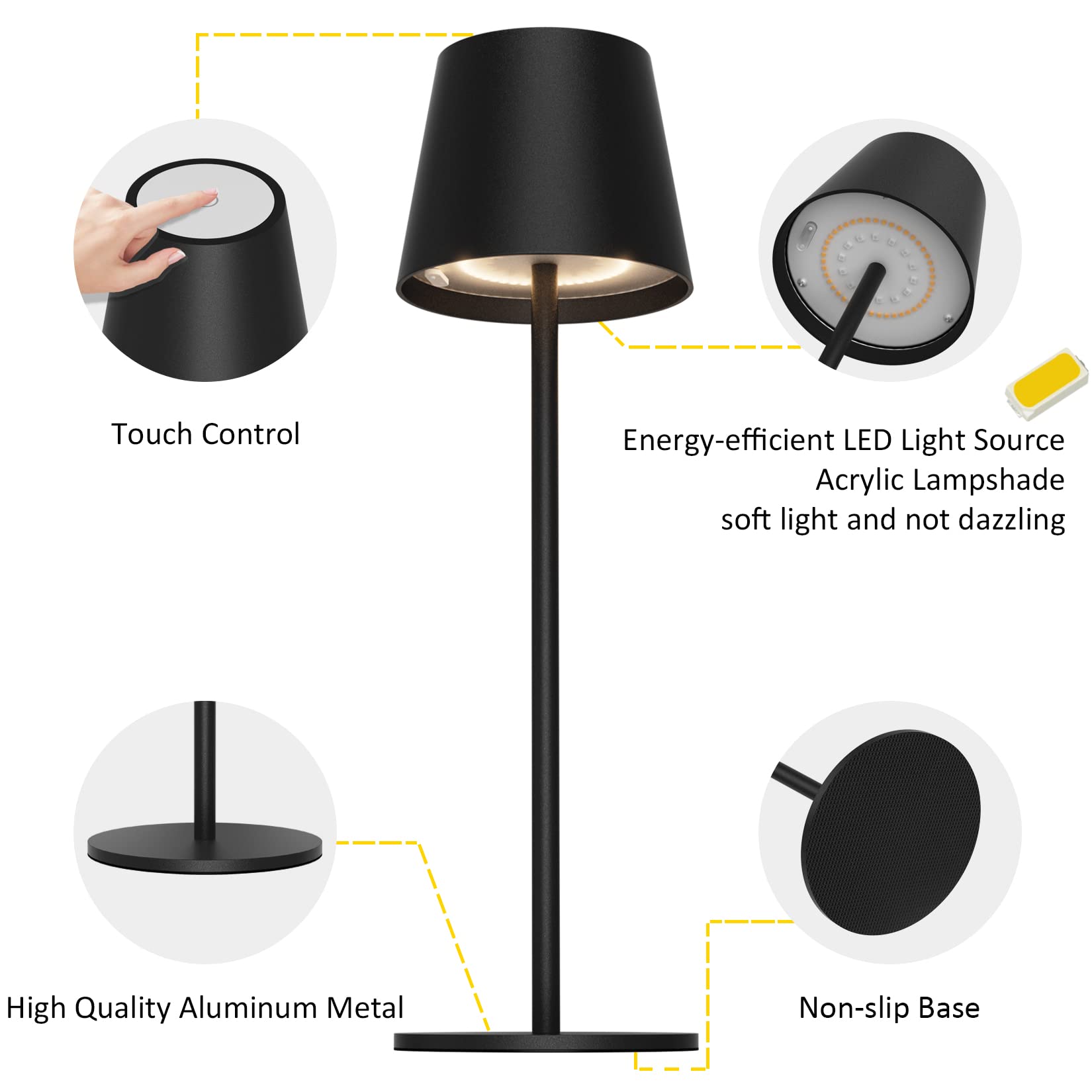 K-Bright 2 pezzi Dimmerabile LED Lampada da tavolo senza fili, Ricaricabile Luce calda Colore e Dimmerazione RGB Impermeabile IP54, scrivania Illuminazione per interni per esterni Nero