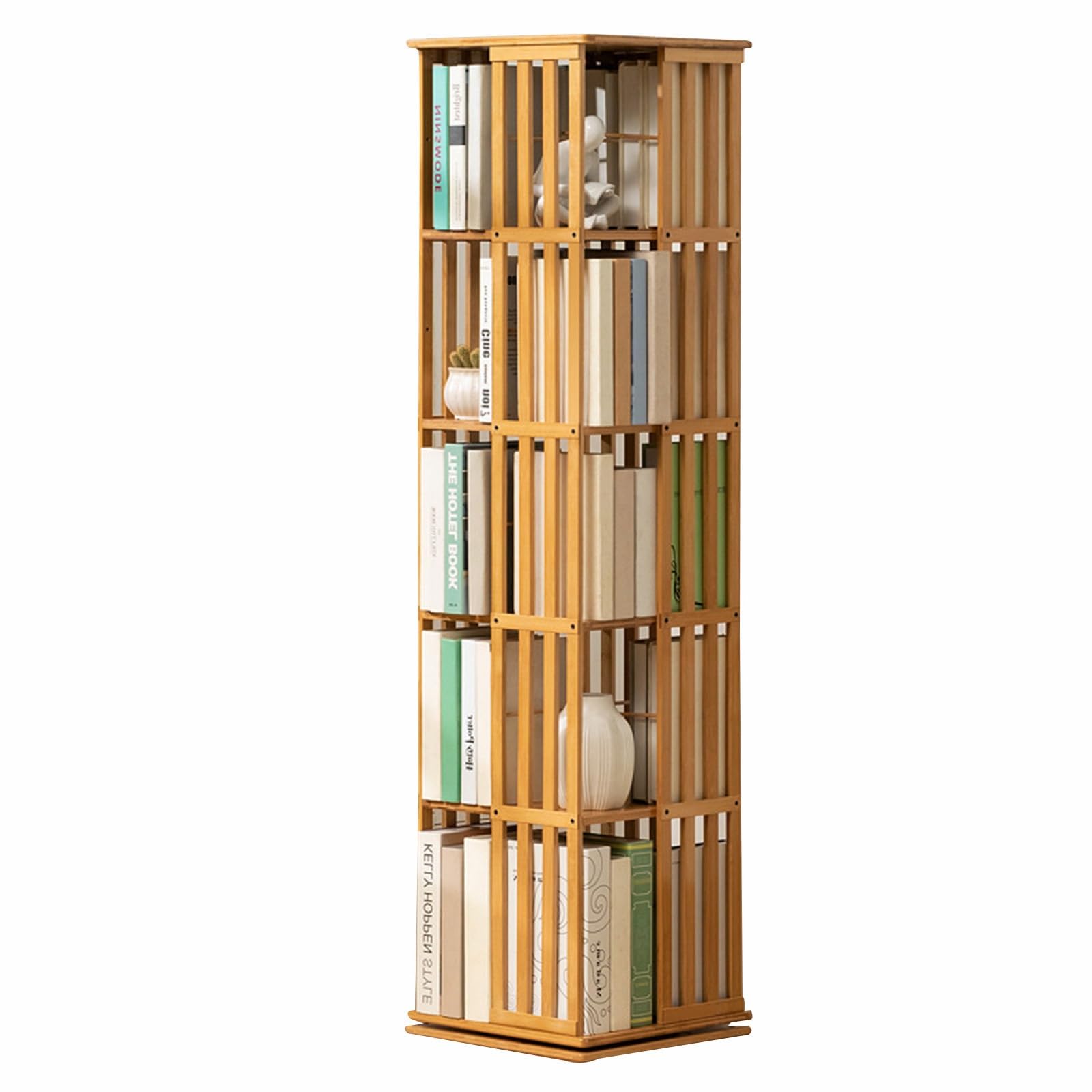 ★完成形★　大容量回転式本棚（竹製） RWKLHV 回転式本棚 ブックタワー 360度自由回転で簡単にアクセス可能