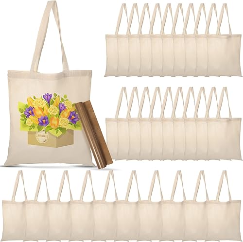 30 bolsas de lona en blanco a granel con 1 pieza de hoja de PTFE para transferencia de calor con plancha, sublimación de algodón natural, bolsas de