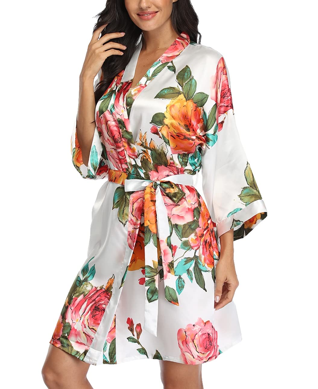 VOGMATE Women's Satin Short Floral Bridesmaids Robes Kimono Robe Dressing Gown for Wedding Party - white - S/L