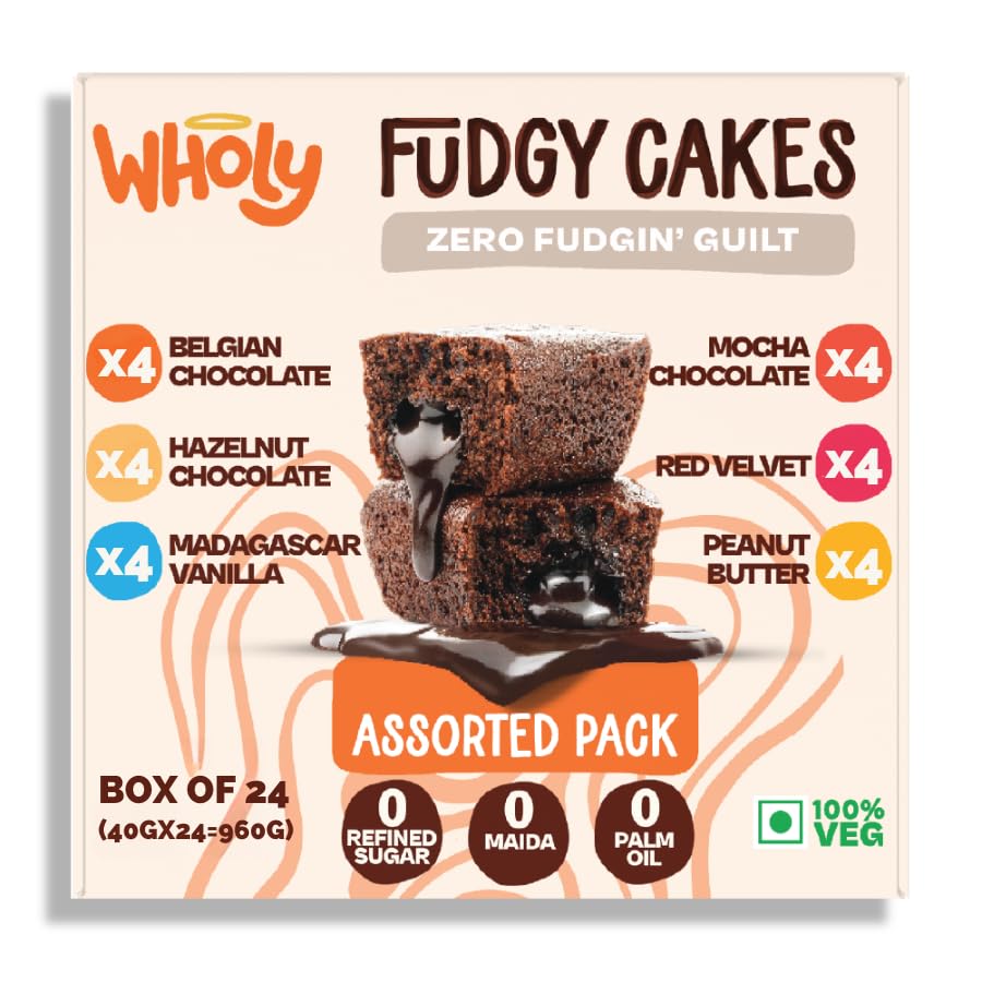 Wholy All in One Center Filled Eggless Cake | Baked with Jaggery | No Maida | No Palm Oil | No Preservatives | High Fiber | Low Cal | Wholegrain | Moist Snack | Pack of 40g x 24 Assorted | Belgian Chocolate | Vanilla | Red Velvet Cake