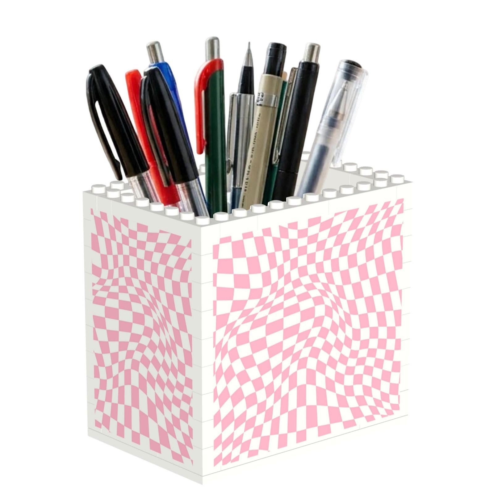 Poadnly Pink Checkered, Pen Pot Pencil Holder for Office Home School, Compact Desk Organiser for Office Stationery