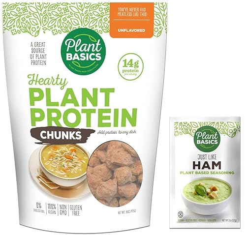Plant Basics - Proteína vegetal abundante, trozos sin sabor, 1 libra, condimento a base de plantas, como el jamón, 2 onzas, sin OMG, sin gluten,