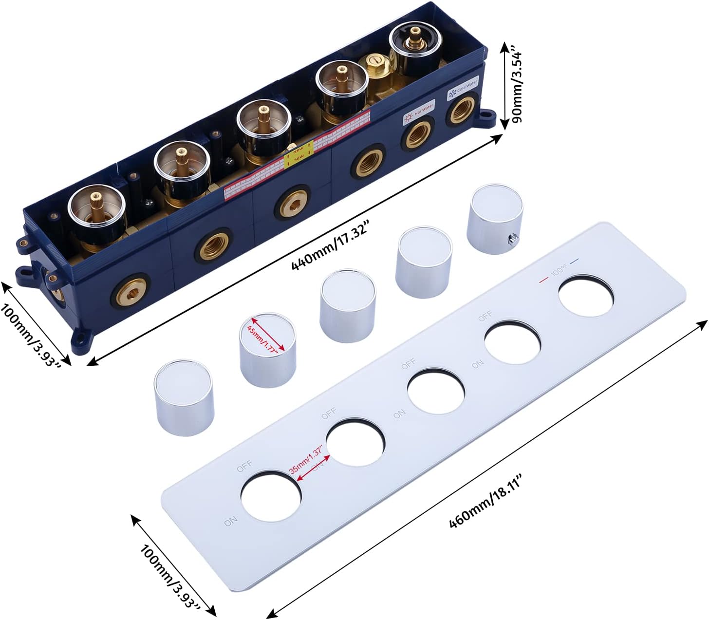Diagram showing the internal components and dimensions of the NPYSVSSS 4-Way Shower Diverter Thermostatic Valve