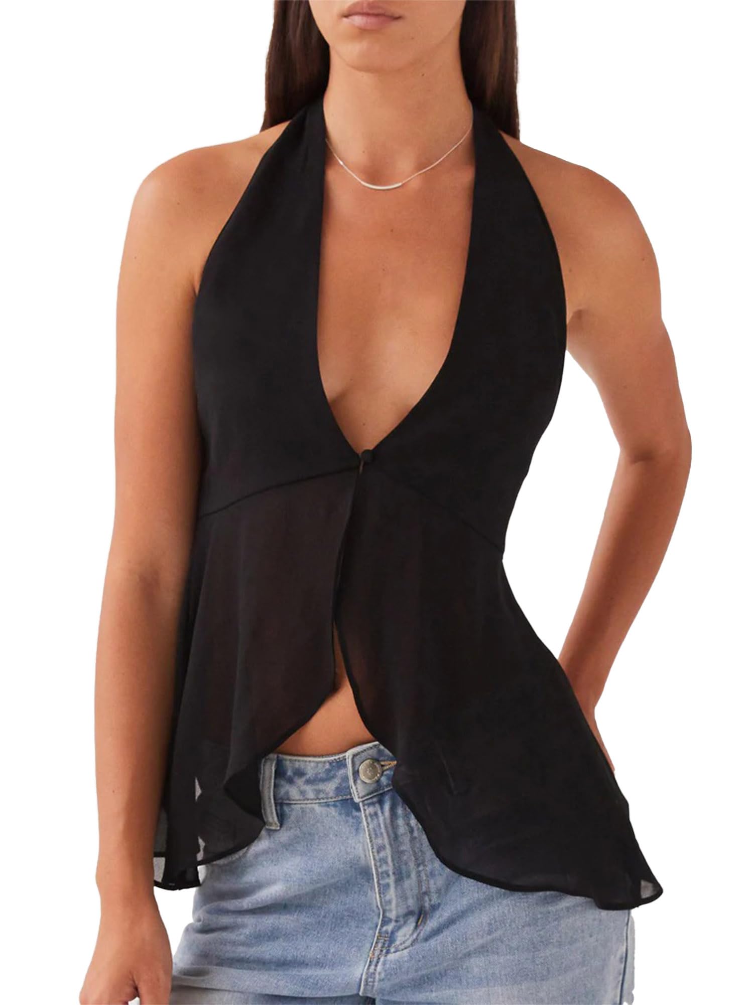 Sexy Outfit Top con Cuello Halter para Mujer, Blusa sin Mangas de Gasa Transparente con Cuello en V Profundo y Espalda Abierta, Top Elegante para Fiesta de Verano