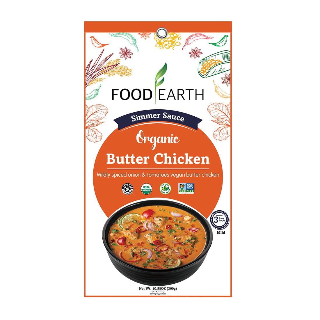 - Food Earth Indian Simmer Sauce – Butter Chicken – Organic, Vegan, Gluten-Free, GMO-Free – Microwavable Cooking Sauce – 12 Pouches (5.29 oz Each)