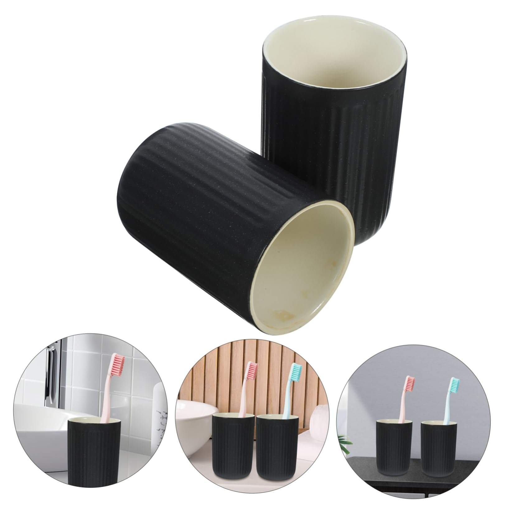 Anneome 2piezas Cepillo de Dientes de Cerámica Retro Tazas de Baño Reutilizables Vaso para Cepillo de Dientes Enjuague Bucal Vaso de Agua Pequeño Negro Líneas Verticales