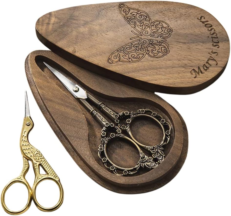 Custom Embroidery Scissors with Engraved Wood Box Vintage