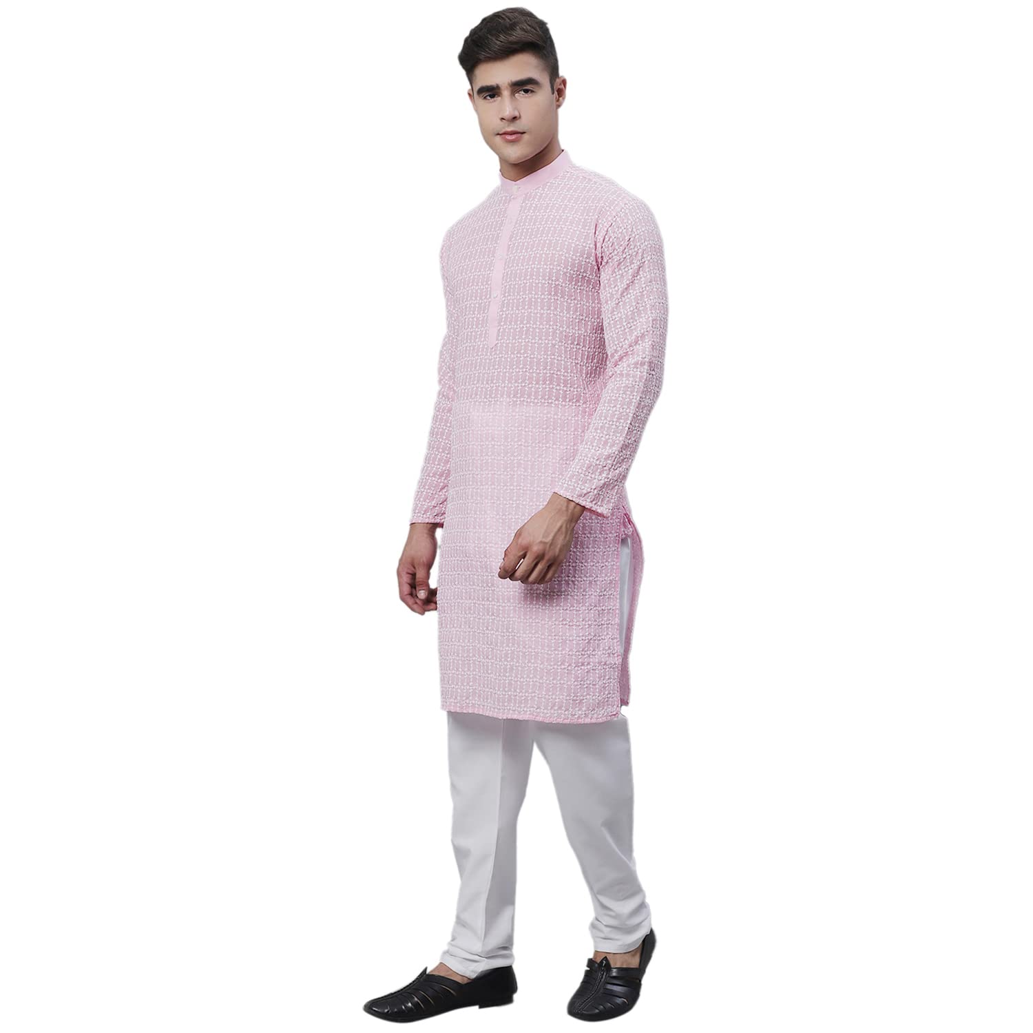 Sojanya (Since 1958 Men's Pure Cotton Pink Kurta With White Embroidery And White Pyjama Set