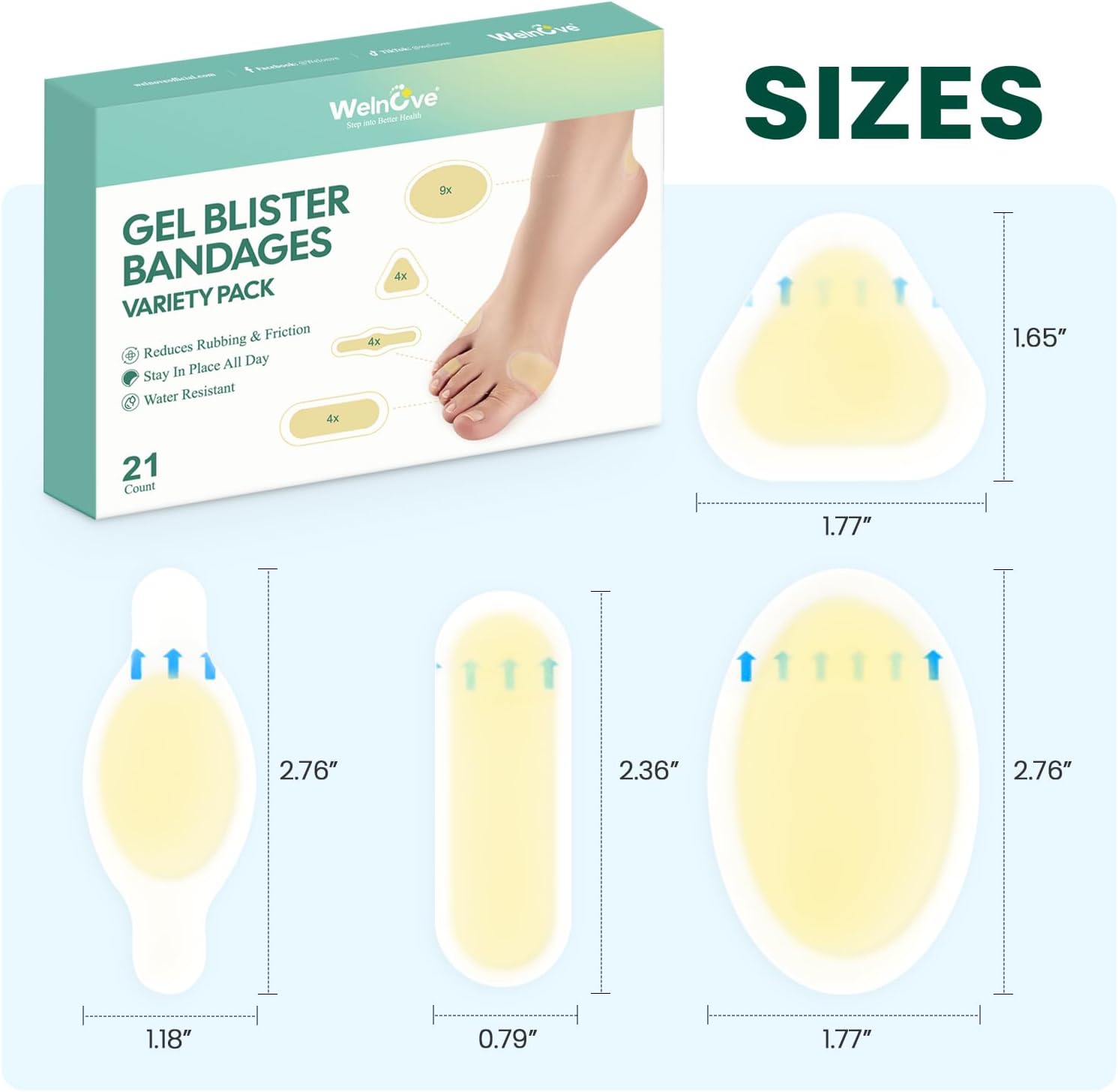 Gel Blister Bandages Blister Pads - Welnove Blister Cushions - Waterproof Hydrocolloid Bandages for Feet, Fingers, Toes, Heel, Moleskin for Blister Prevention (Variety Pack) - Image 7