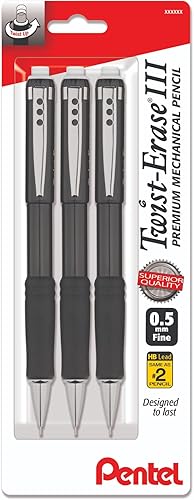 Pentel Portaminas de 0.020 in Twist Erase III, borrador de torsión, mina HB de polímero súper alta precargada, barril negro, paquete de 3