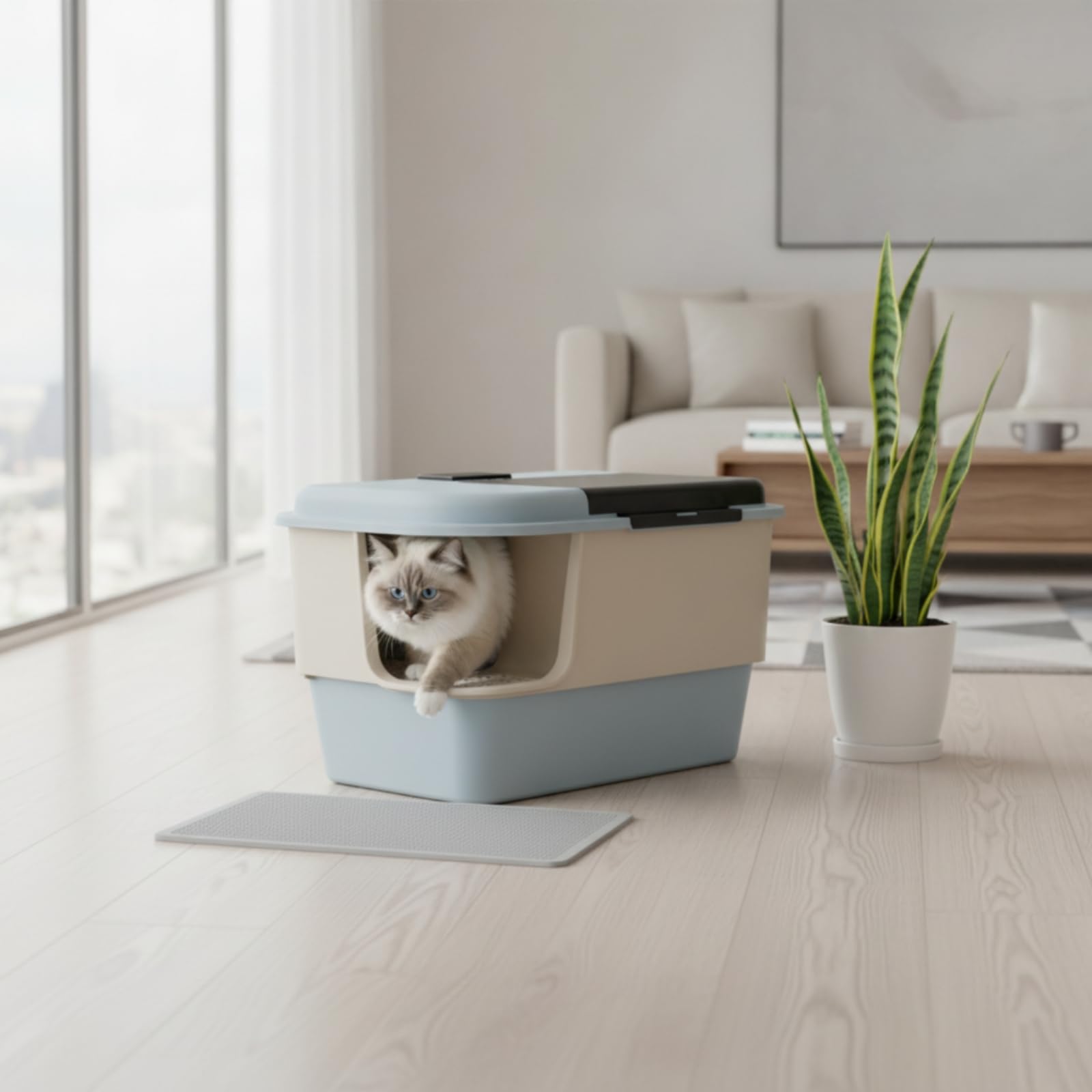 rockible Arenero con Pasillo Antidispersión Arenero Cerrado Amplio Caja con Tapa para Gatos, Azul Y Blanco