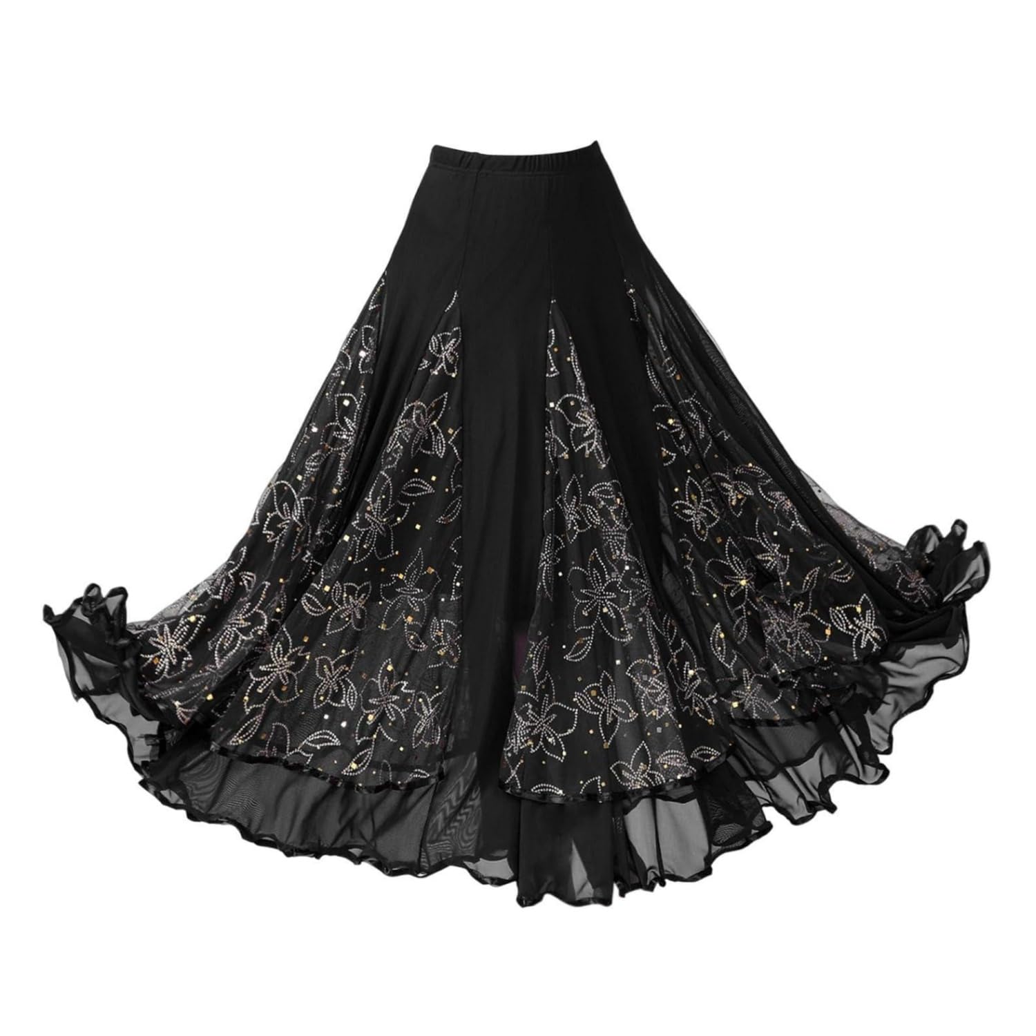 Eleganter, glitzernder Blumenrock, Ballsaal, Tanz, Latein-Tanz, Party, langer Swing-Rock, Vollkreis-Rock, Bauchtanzrock, Rüschenrock, Pailletten-Mesh-Rock, Walzer, Tango-Kleid für Damen