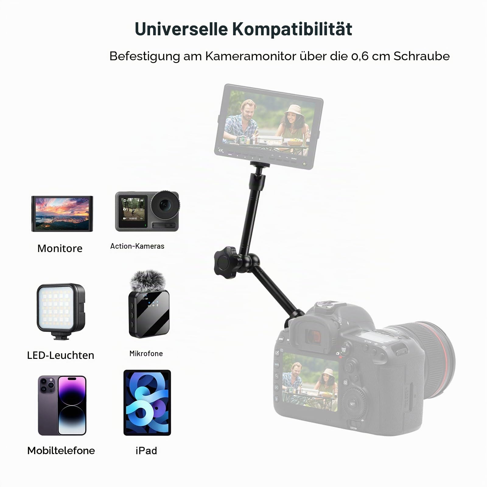 11 Zoll Verstellbarer Magic Arm mit Superklemme, 360° Kugelköpfe, Gelenkiger Magic Arm mit 1/4" und 3/8" Gewindebohrungen für Stativ, Monitor, Kamera